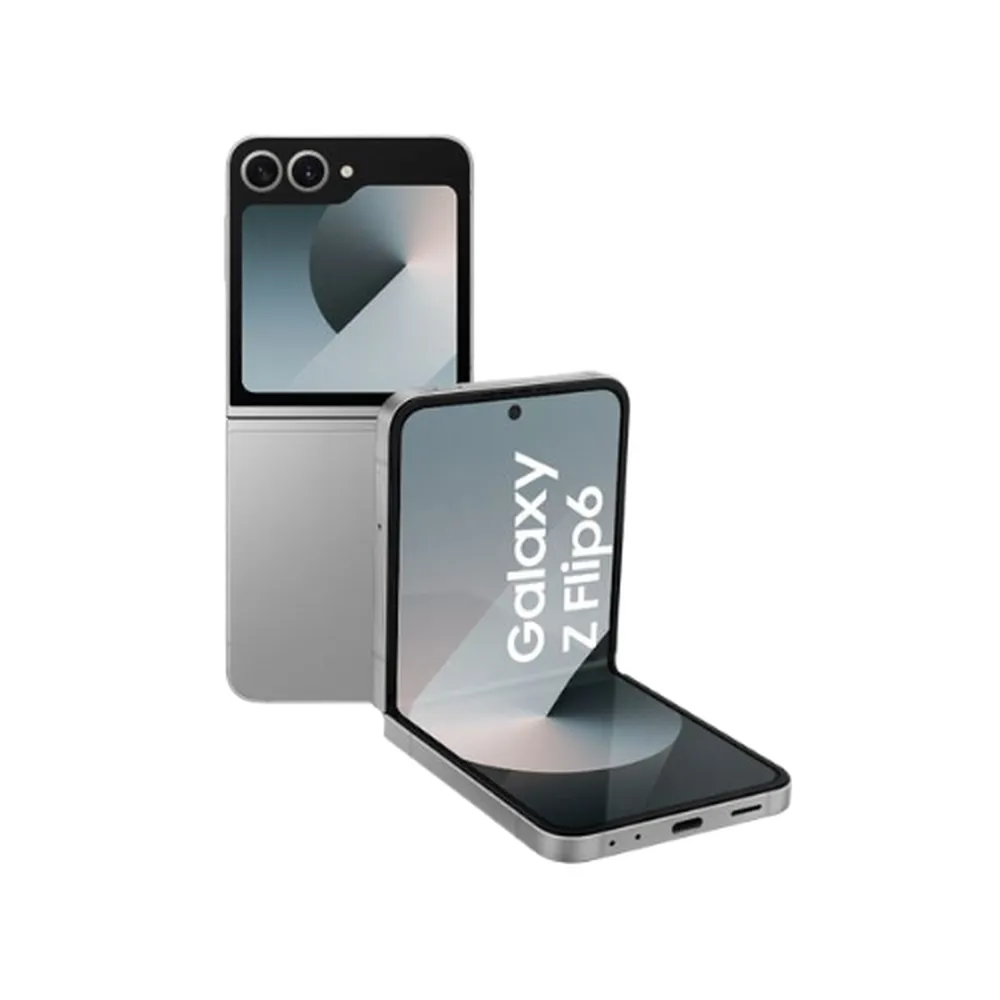 Samsung Galaxy Z Flip 6 plata con pantalla plegable Dynamic AMOLED y cámara de 50MP.